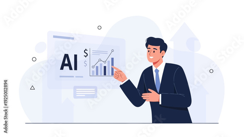 Businessman presents AI growth chart with upward trend and data visualization