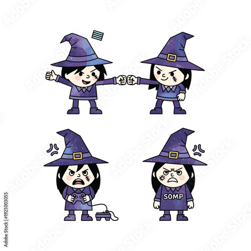 Unhappy cartoon witch with different emotions on white background