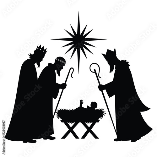 Silhouette depiction of the nativity scene with mary joseph and baby jesus isolated on white background, Vector, illustration