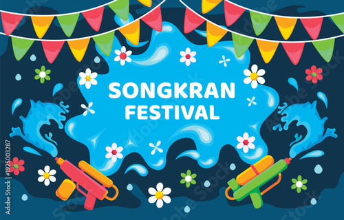 Colorful songkran festival illustration featuring water splashes flowers and water guns against a festive background