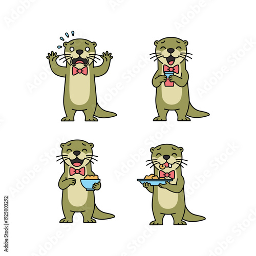 Cartoon otter character in different emotions with bow tie and kitchen utensils