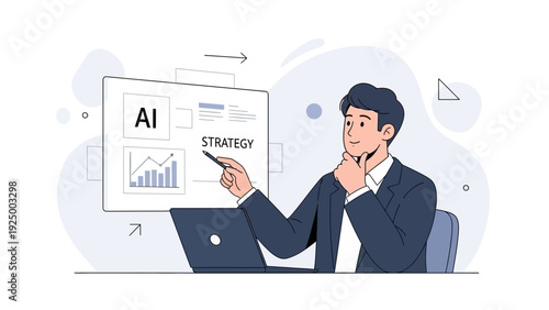 Man analyzing AI strategy on a screen with charts and laptop, business concept