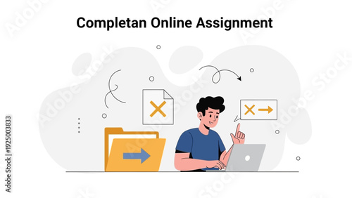 Man Completing Online Assignment on Laptop, Digital Workflow