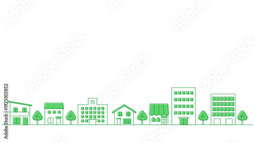 街並みのイラストのバナー背景　手描き風　横長　16:9　緑