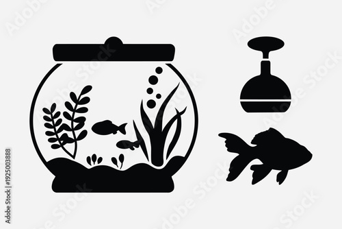 Black and white illustration of a fishbowl and koi fish with an air stone isolated on white background, Vector, illustration