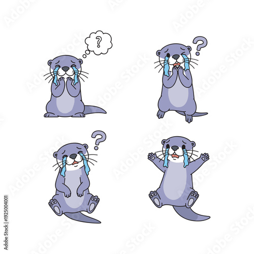 Cartoon otter expressing various emotions with tears and question marks on white background