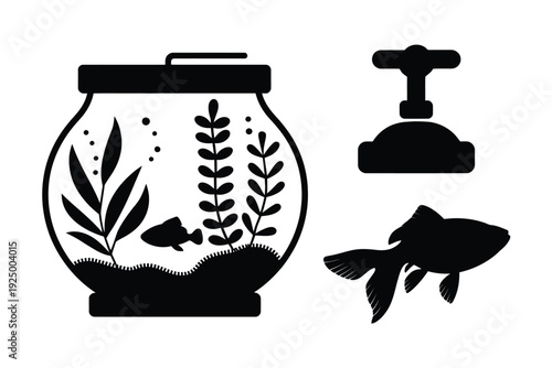 Aquatic scene featuring a fishbowl, tap, and koi fish illustration isolated on white background, Vector, illustration