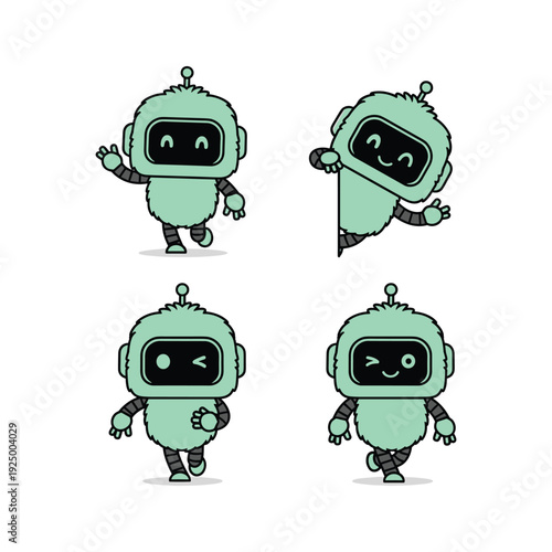 Cute cartoon robots showing various emotions on white background with copy space