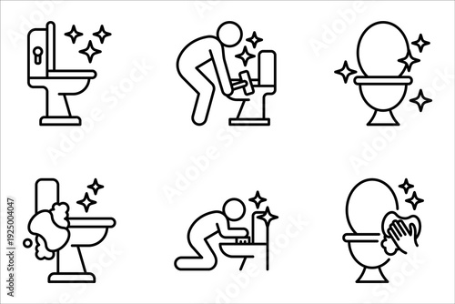 Toilet cleaning linear icon set. Bathroom cleaning. vector illustration on white background