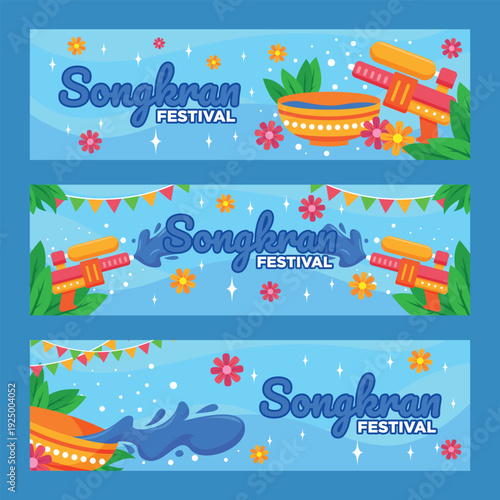Songkran festival banner design showcasing water guns traditional bowls and vibrant floral decorations