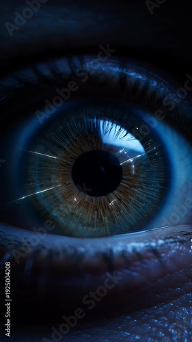Digital eye closeup in dark setting with intricate details