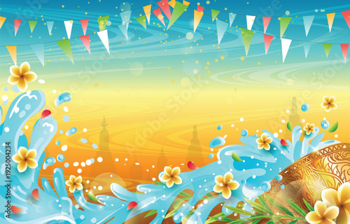 Festive background with colorful pennant banners water splashes and tropical flowers against a vibrant sky