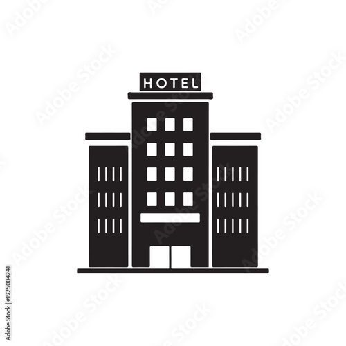 Black and white hotel building icon with sign  simple architectural graphic representation