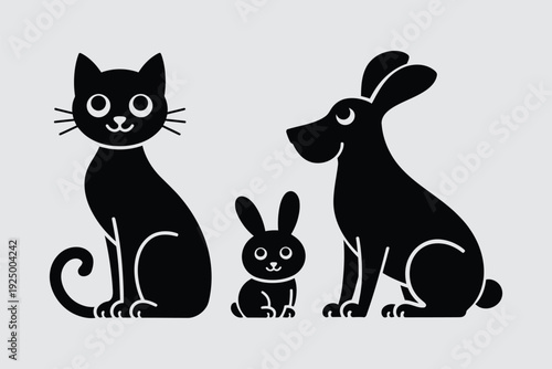 Whimsical trio of black silhouette animals sitting side by side in stylized art isolated on white background, Vector, illustration