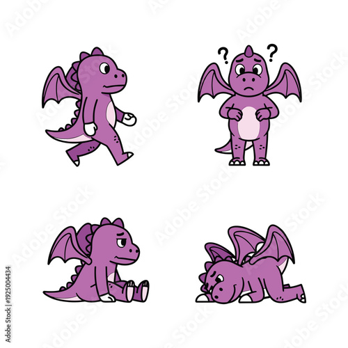 Cartoon dragon character in different poses on white background
