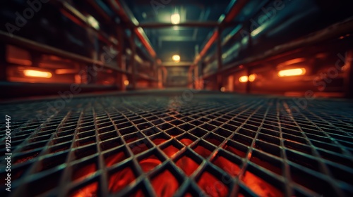 Molten Furnace's Intensity: An industrial interior captures the essence of raw power and intense heat, showcasing the raw energy of industry with a close-up of the metal grate.