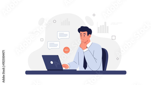 Man working on laptop, analyzing data, thinking, business concept illustration