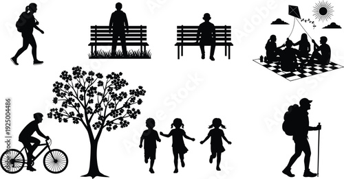 Collection of park activity silhouettes featuring people hiking, cycling, children running, picnicking under the sun, and sitting on a bench.