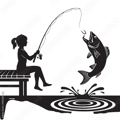 Female Angler Catching Big Bass from Dock – Minimal Monochrome Fishing Vector Art