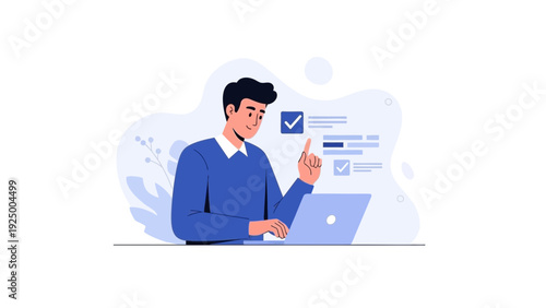 Man working on laptop, checkmarks, to-do list, planning, task management concept