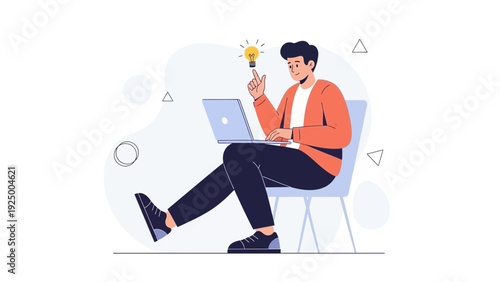 Man with Laptop Gets Brilliant Idea, Lightbulb Above Head, Innovation Concept