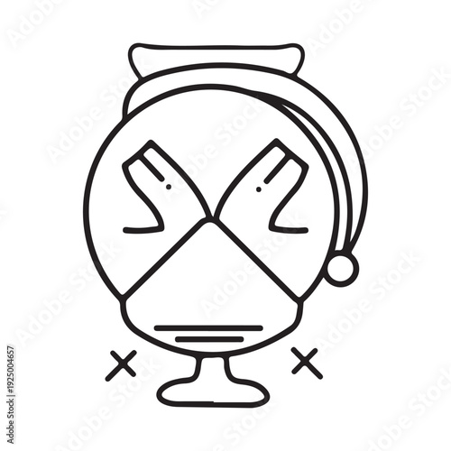 Black and white illustration of a face wearing a medical mask and a santa hat with crossed out symbols on either side  representing a festive yet protected character