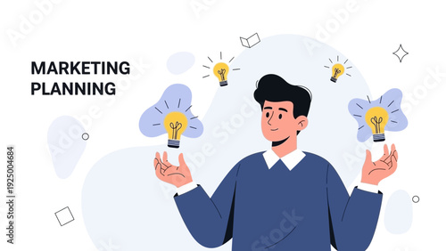 Man with light bulb ideas, marketing planning concept