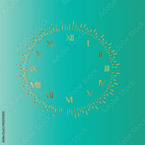 displays a clock face utilizing Roman numerals for the hours.