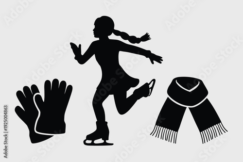 Graceful figure skater in action with ice skates, gloves, and scarf isolated on white background, Vector, illustration