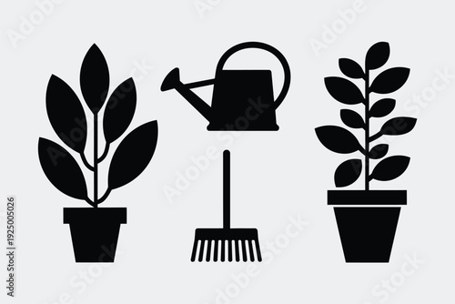 Three icons representing essential gardening tools and plants for a healthy garden. isolated on white background, Vector, illustration