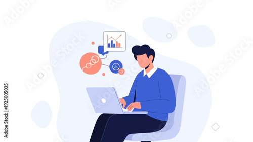 Man working on laptop with data visualization and abstract elements