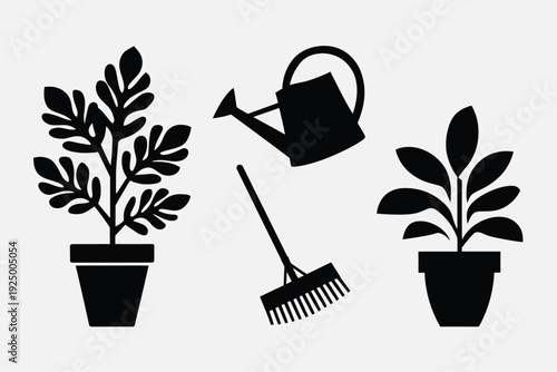 Essential gardening tools and healthy plants in a black and white illustration isolated on white background, Vector, illustration
