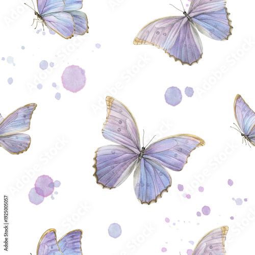Morpho butterflies. Seamless pattern with pastel purple butterflies and watercolor splashes. Perfect for fabric, wallpaper, stationery, wrapping paper and feminine decor.