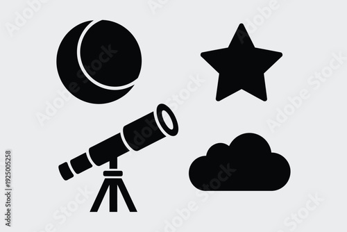 Astronomy and celestial observation with a telescope under a moonlit sky isolated on white background, Vector, illustration