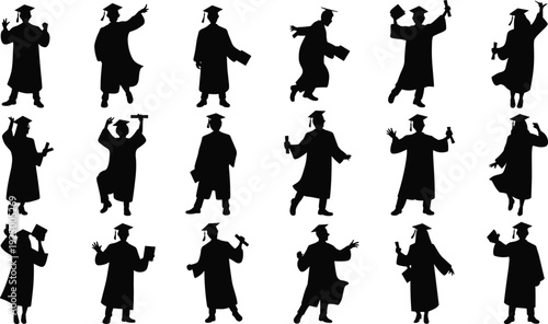 Collection of graduation student silhouettes in academic caps and gowns celebrating success, holding diplomas and books, isolated on white background for education, university, career, and 