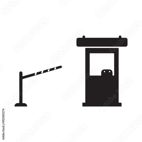 Black and white illustration of a parking gate and booth with a striped barrier arm extended to the left side