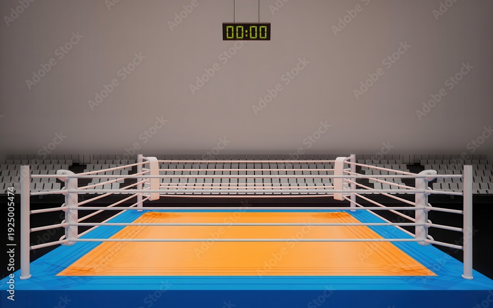 Fototapeta premium Detailed 3D rendering of a boxing ring in an empty arena showcasing ropes, posts, scoreboard and blue mat from a frontal viewpoint