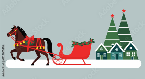 Horse-drawn festive sleigh with Christmas trees vector illustration