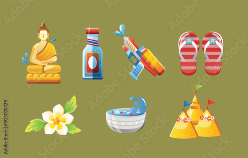 A vibrant illustration showcasing thai culture with a buddha water gun sandals and tropical elements
