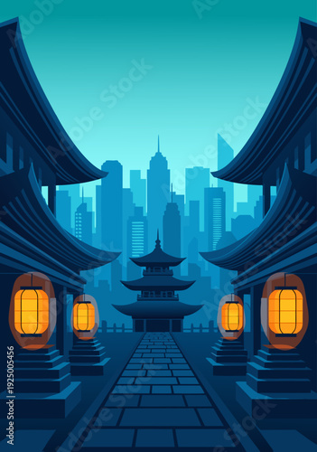 vector illustration dusk pathway to pagoda lantern glow serene Asian cityscape tranquil scene