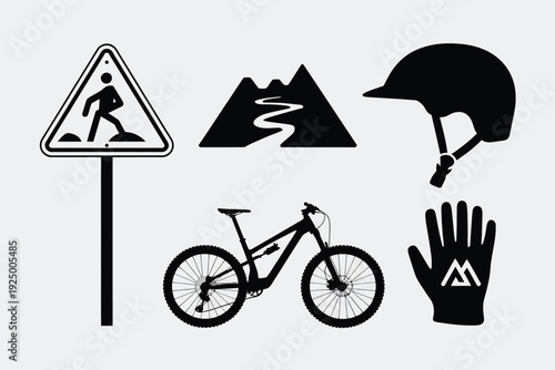 Essential gear and symbols for mountain biking safety and adventure isolated on white background, Vector, illustration