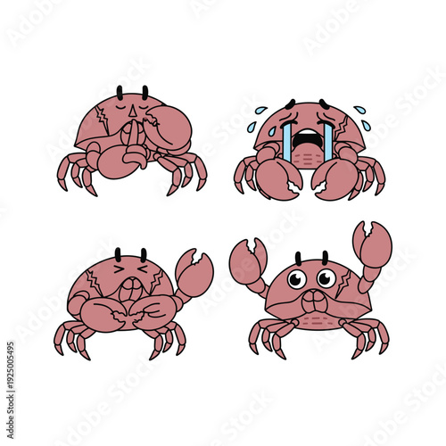 Cartoon crab expressing different emotions on white background