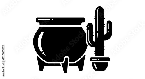 A simple black and white illustration of a cauldron and cactus.