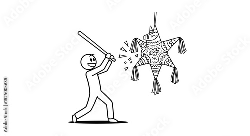 A person hitting a piñata with a stick, breaking it open.
