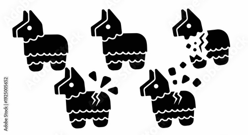 A stylized representation of four donkeys in various states of disintegration.