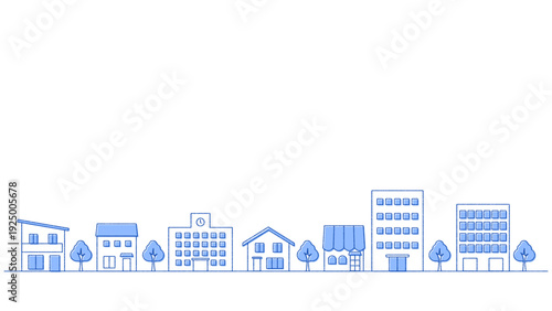 街並みのイラストのバナー背景　手描き風　横長　16:9　青