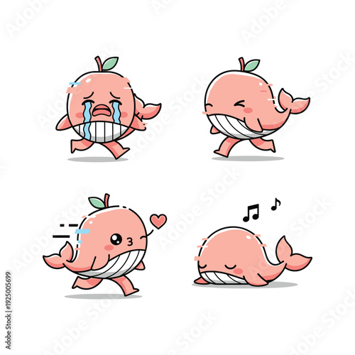 Cartoon Whale Emotions Set with Different Facial Expressions and Actions