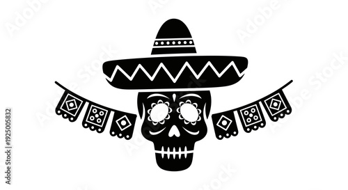 A black and white illustration of a sugar skull wearing a sombrero and decorative banner.