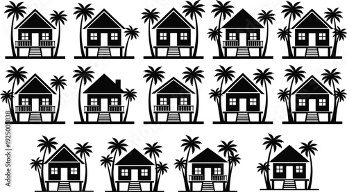 Set of tropical beach hut icons featuring silhouette palm trees and island bungalows, summer vacation flat vector illustration design elements