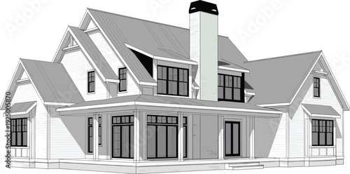 Modern Farmhouse Architectural Sketch with Large Windows Wrap Around Porch Gable Roofs and Chimney Isolated on White for Residential Design Concept
